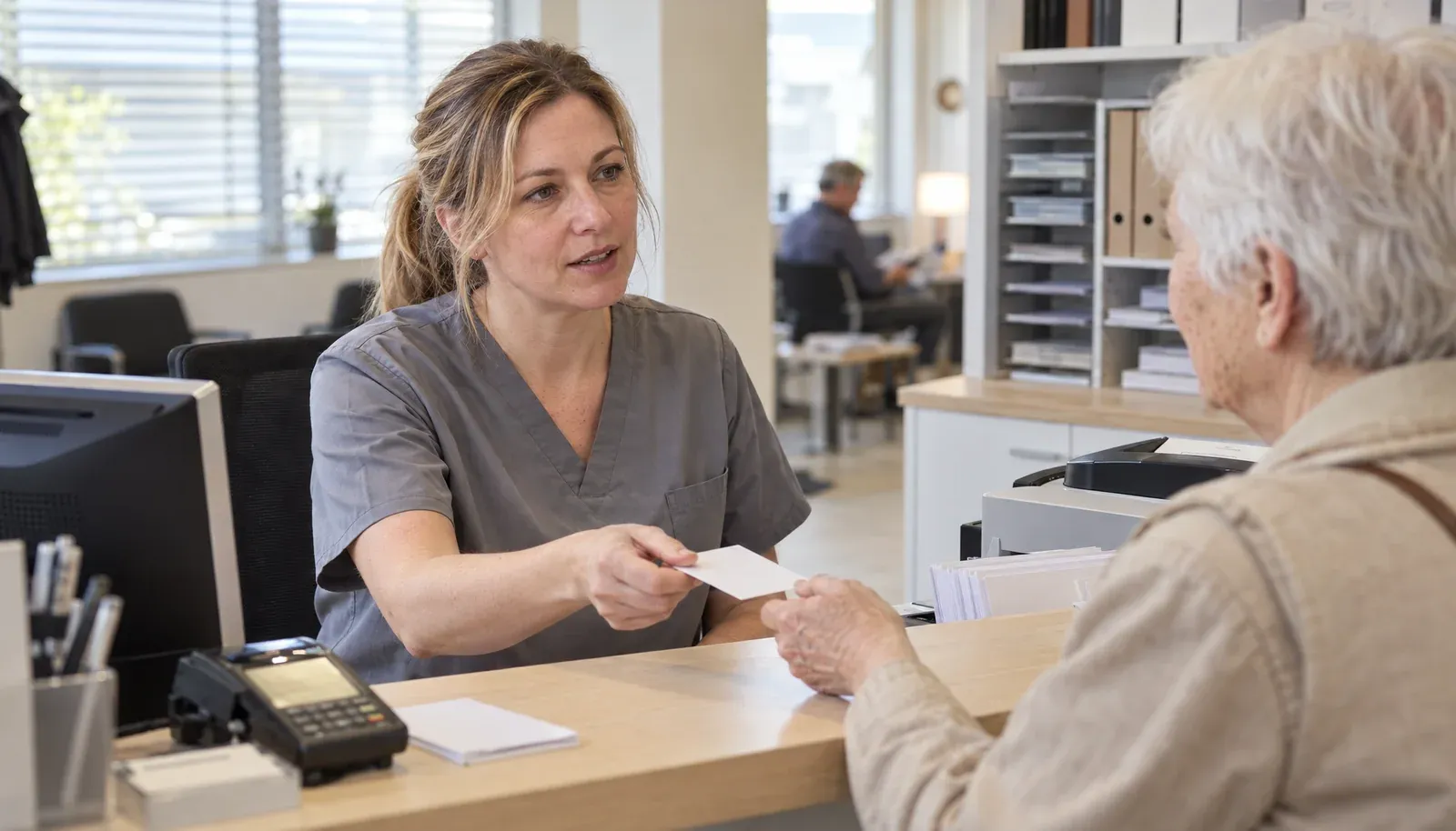 Medizinische Fachangestellte am Praxisempfang reicht einer älteren Patientin eine Terminkarte