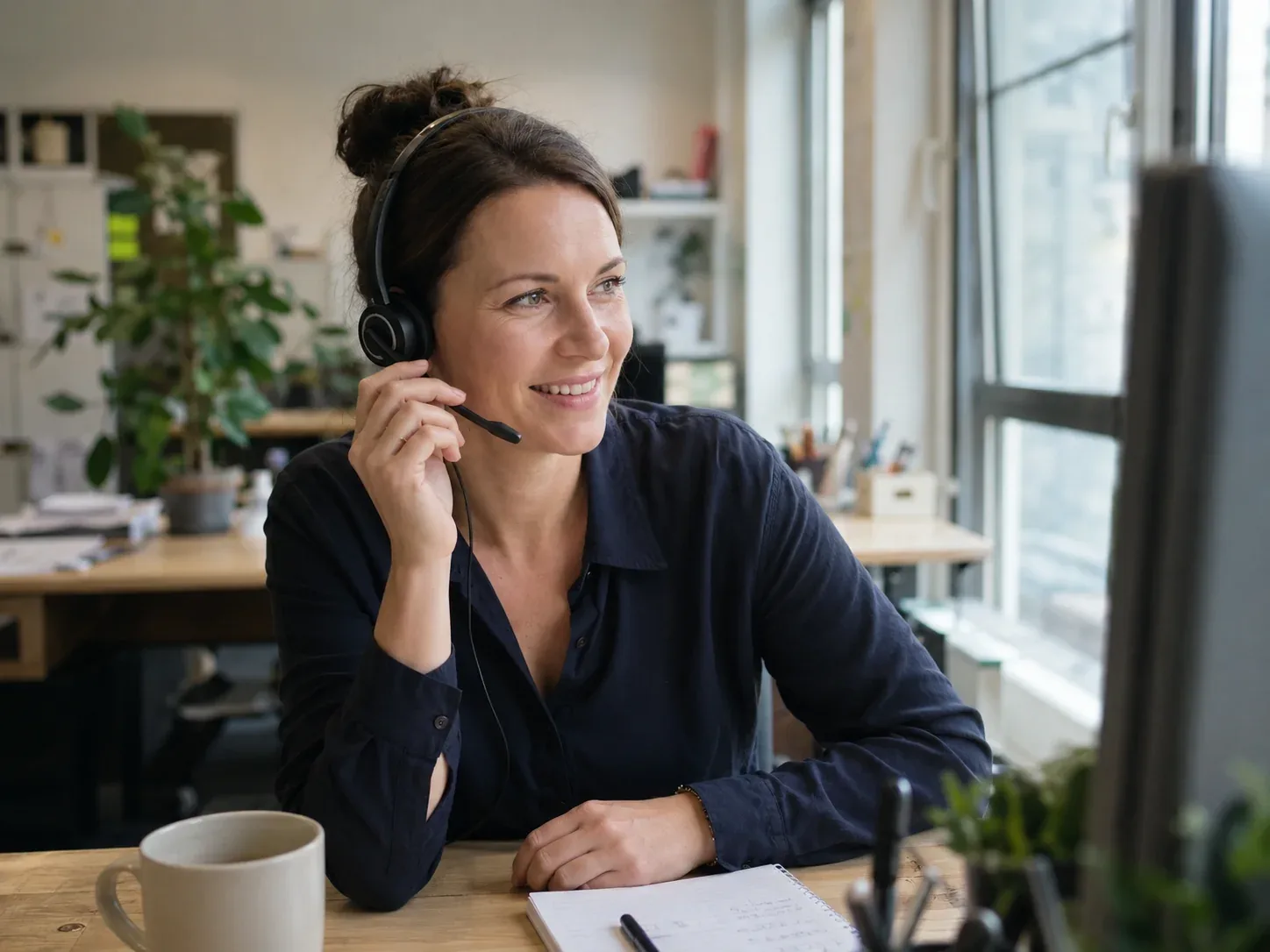 Telefonistin nimmt einen Anruf im Namen eines Kundenunternehmens entgegen