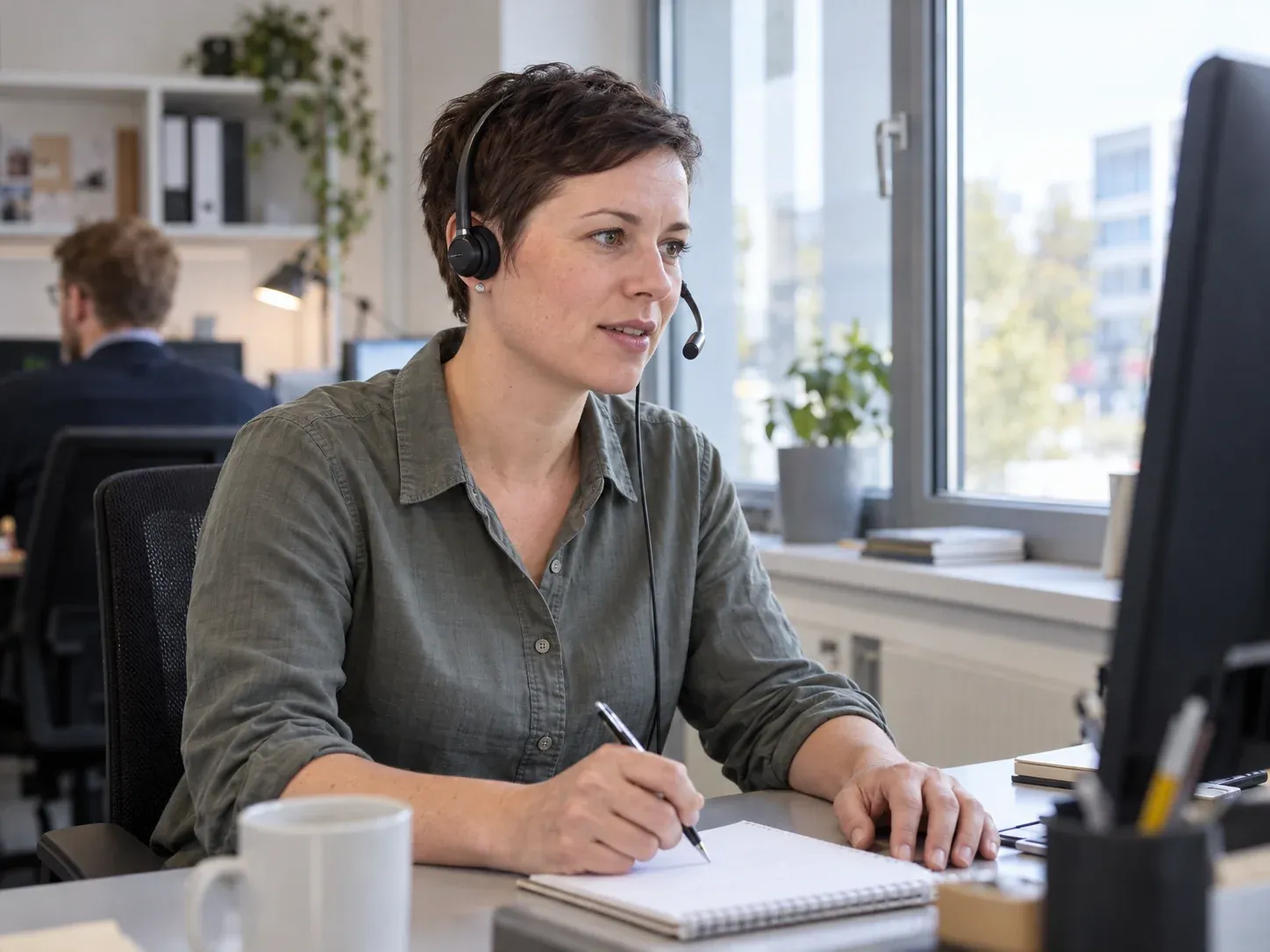 Telefonistin nimmt einen Anruf im Namen eines Kundenunternehmens entgegen