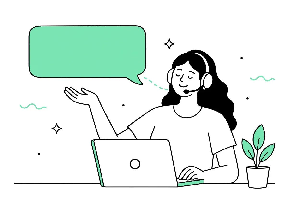 Illustration: freundliche Anrufannahme mit Headset und Sprechblase