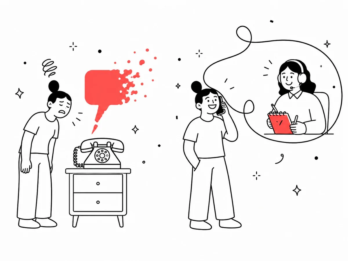 Illustration: links spricht jemand frustriert auf einen Anrufbeantworter, rechts nimmt eine Telefonistin den Anruf an und notiert das Anliegen