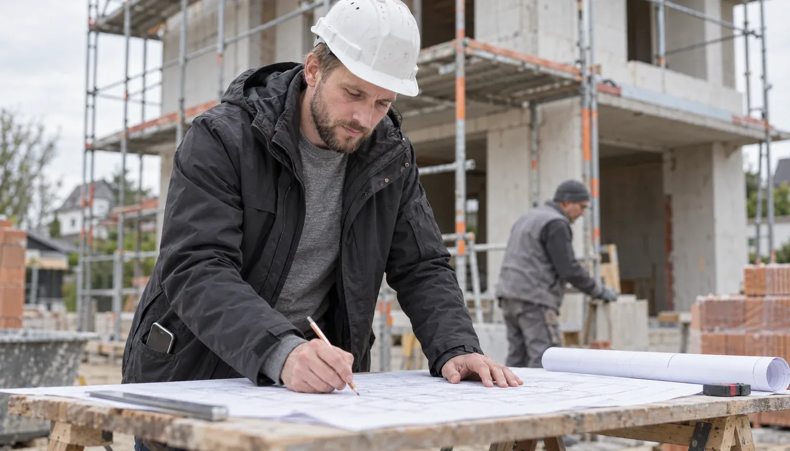 Architekt mit Helm zeichnet auf der Baustelle am Bauplan