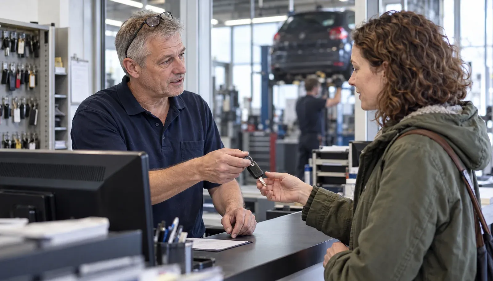 Serviceberater im Autohaus übergibt einer Kundin den Autoschlüssel