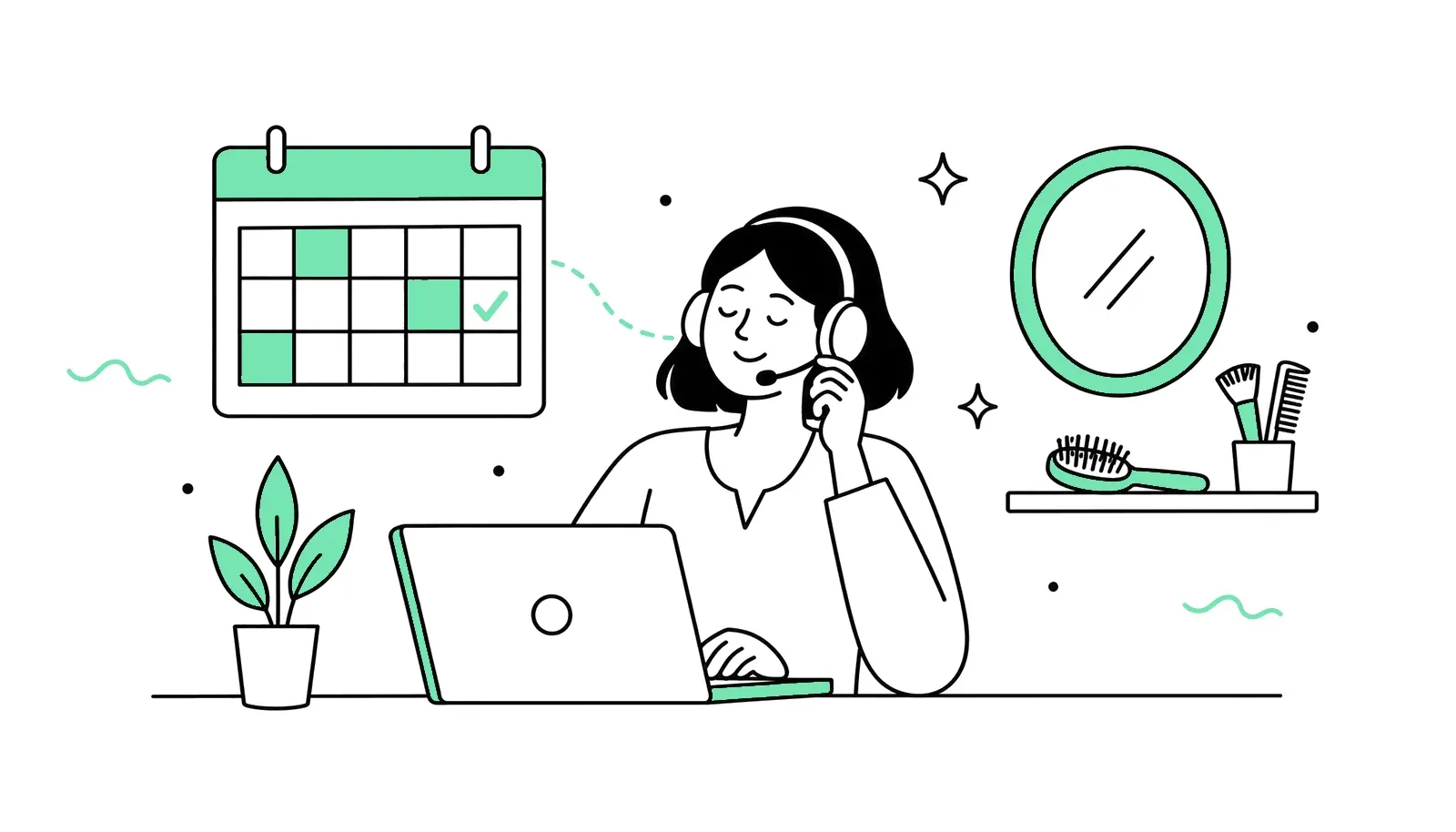 Illustration: Telefonistin trägt einen Termin in den Kalender ein, daneben Salonspiegel und Bürsten