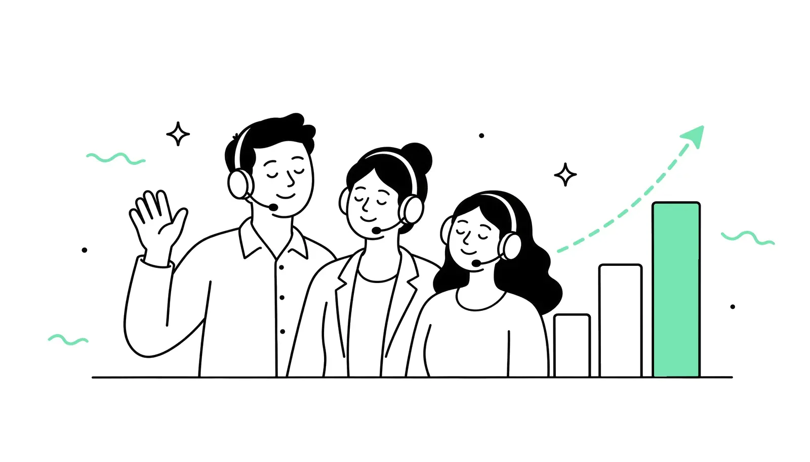 Illustration: wachsendes Team mit Headsets vor einem steigenden Balkendiagramm