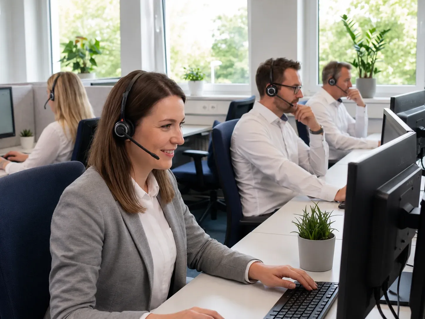 Team im Callcenter mit Agenten an mehreren Serviceplätzen.