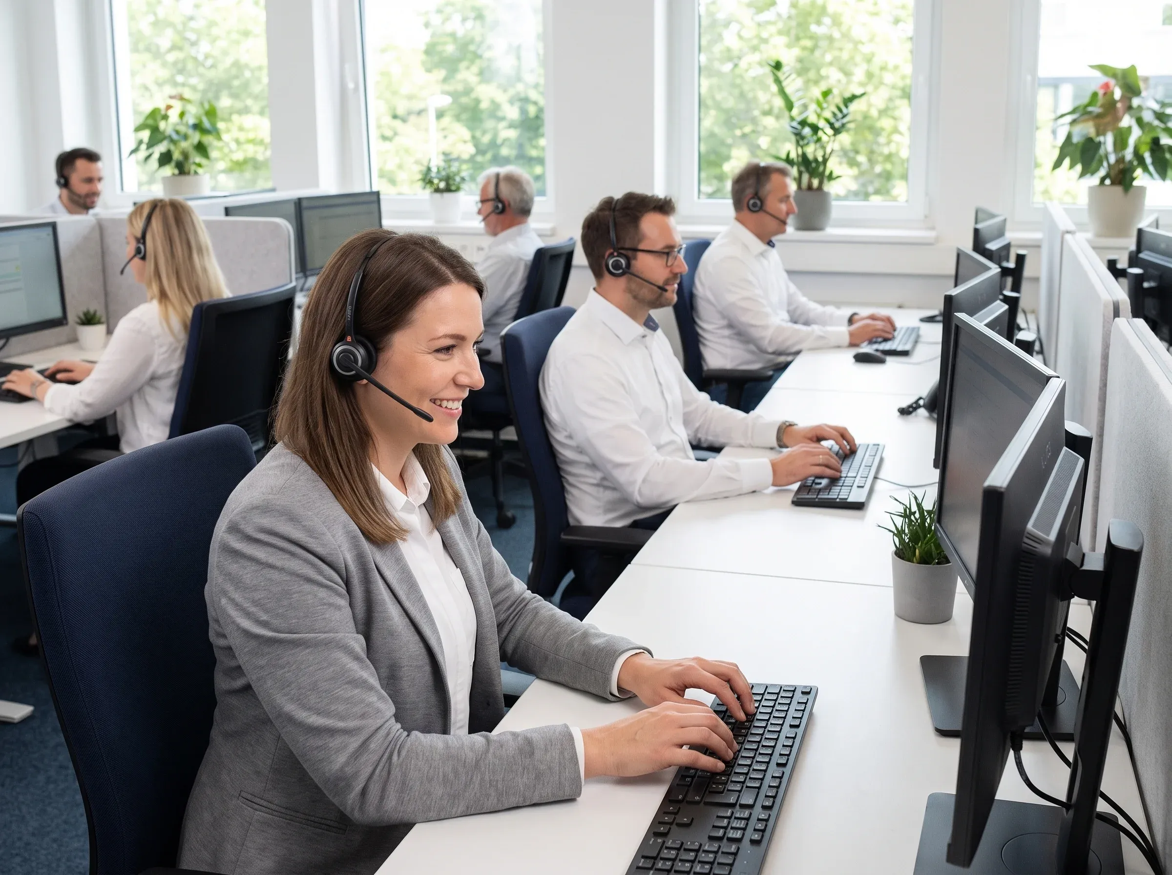 Team im Callcenter mit Agenten an mehreren Serviceplätzen.