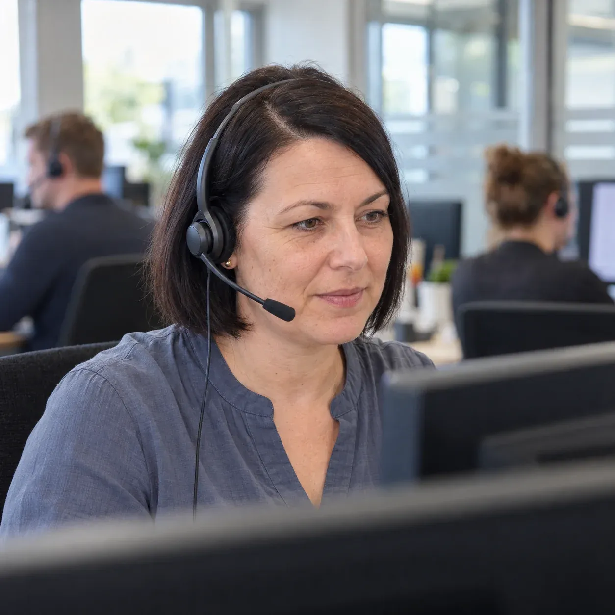 Mitarbeiterin von starbuero.de nimmt mit Headset einen Anruf entgegen