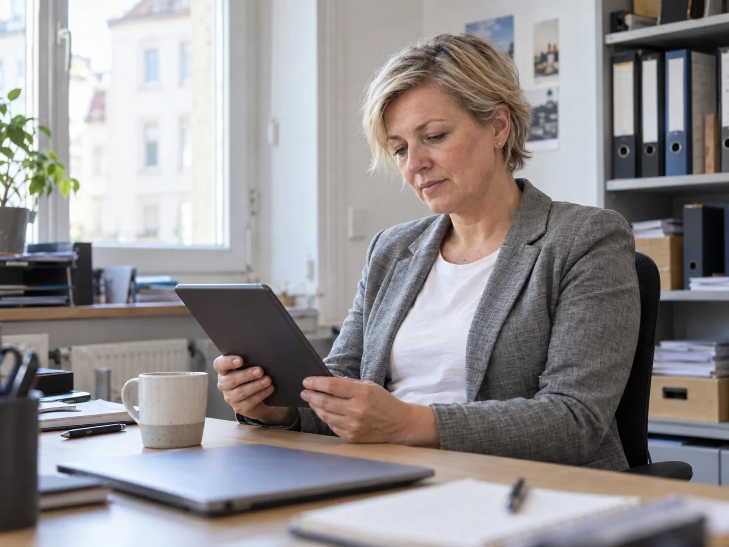 Unternehmerin liest am Schreibtisch in den E-Books von starbuero.de