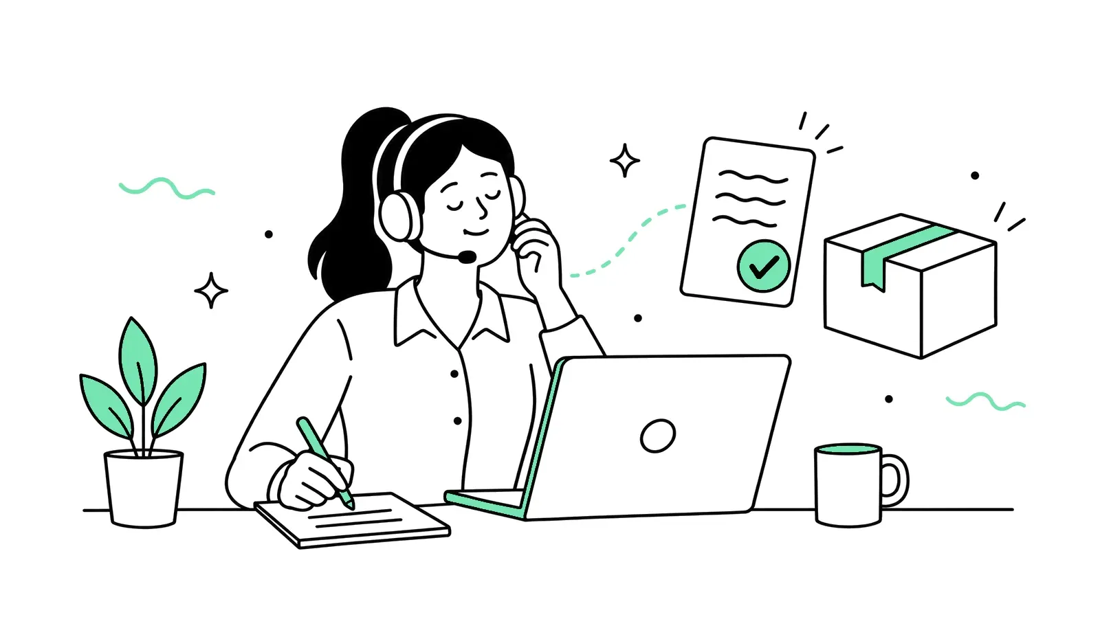 Illustration: Telefonistin notiert eine Bestellung, daneben Bestellbestätigung und Paket
