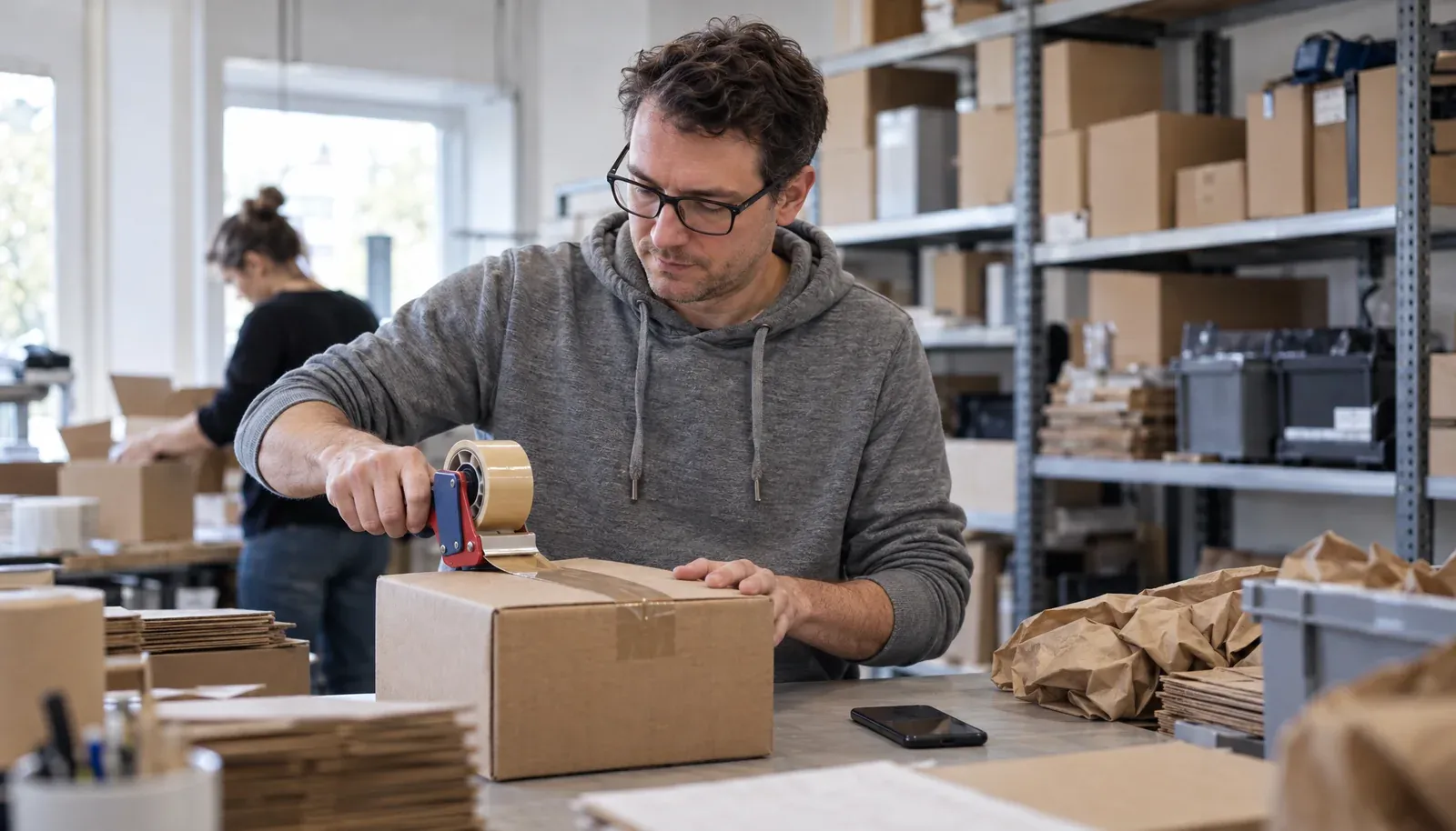 Shop-Betreiber verklebt im Lager ein Paket