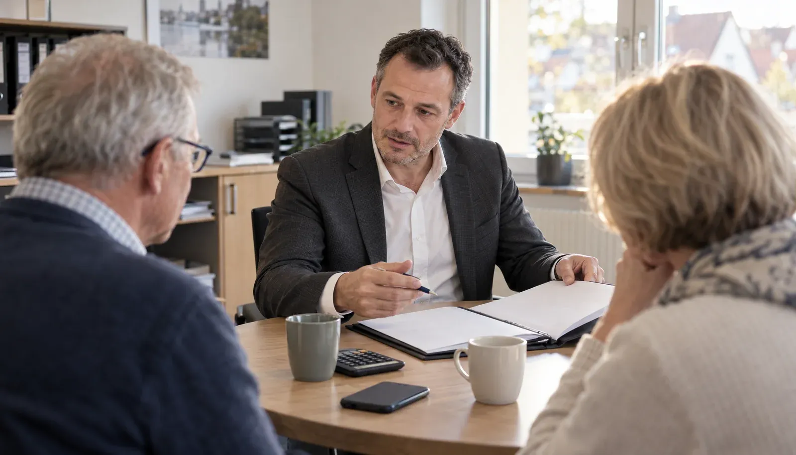 Finanzberater im Gespräch mit einem älteren Paar, sein Smartphone liegt umgedreht auf dem Tisch