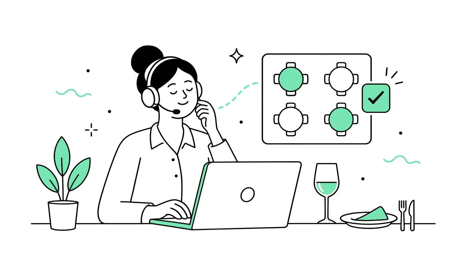 Illustration: Telefonistin nimmt eine Tischreservierung an und trägt sie in den Tischplan ein
