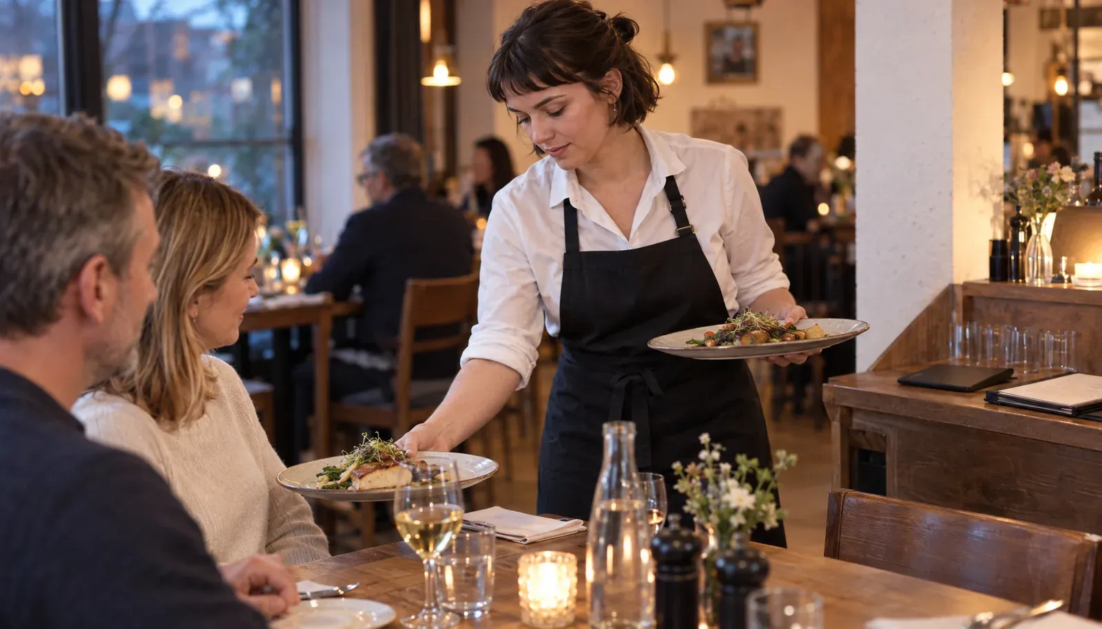 Servicekraft serviert einem Paar im Restaurant zwei Teller