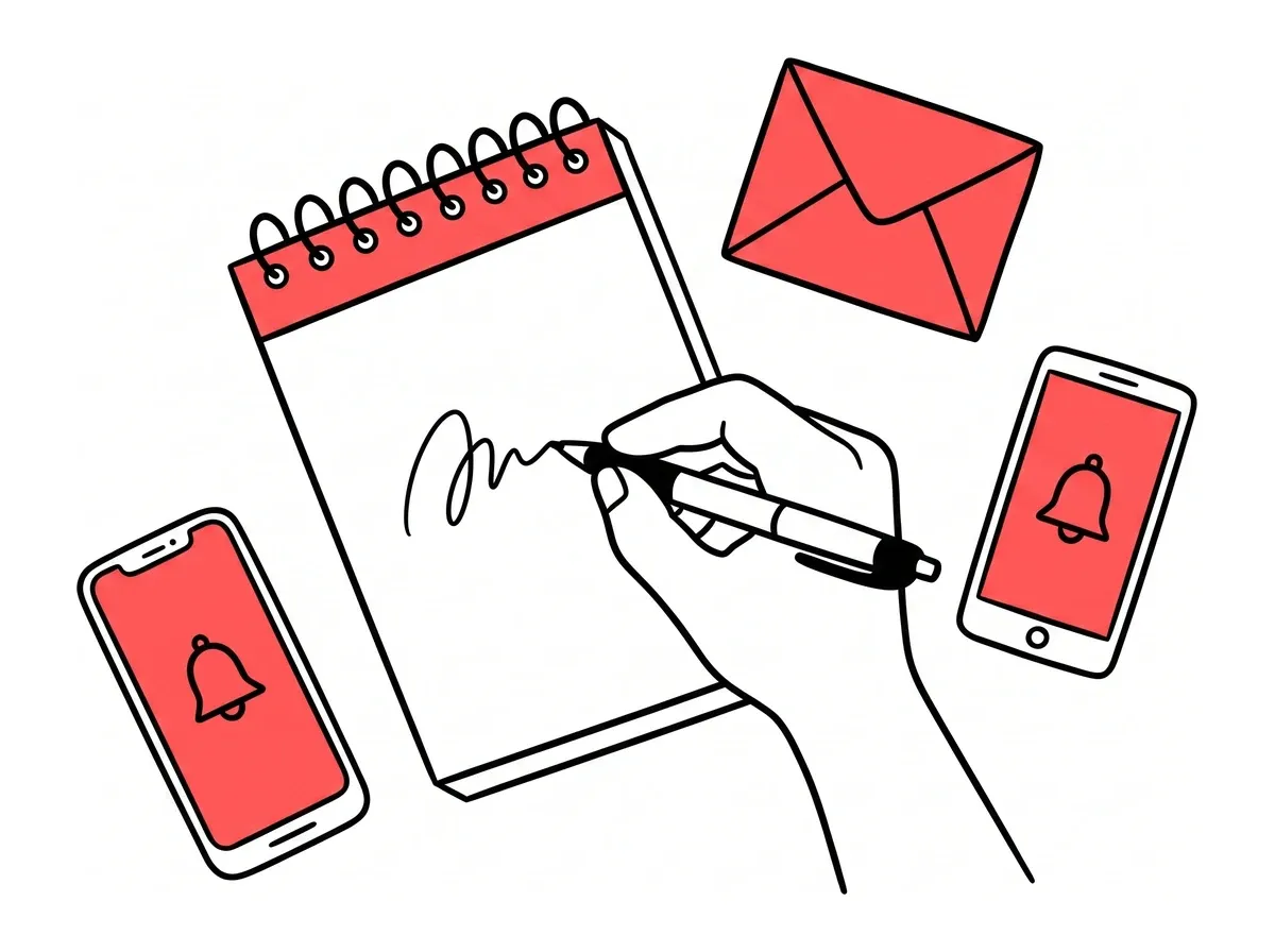 Illustration: Gesprächsnotiz per E-Mail, SMS und App