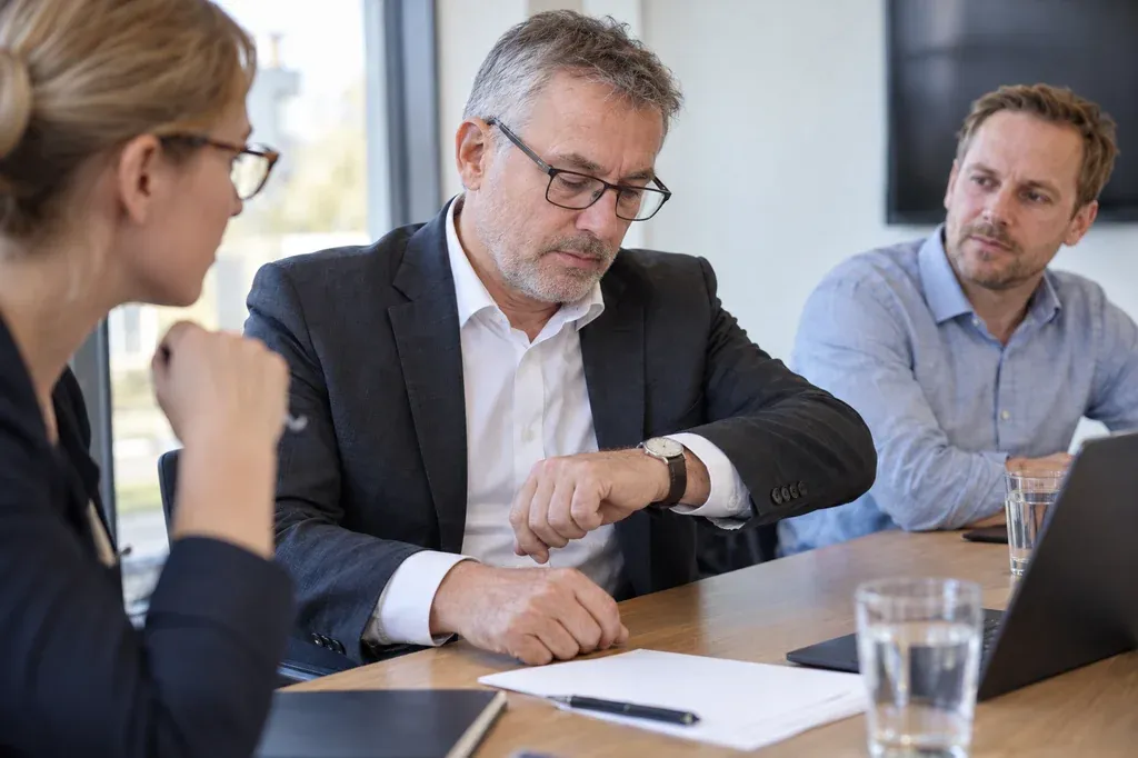 Businessmann blickt auf Uhr, Armbanduhr, Zeitmanagement, Meeting