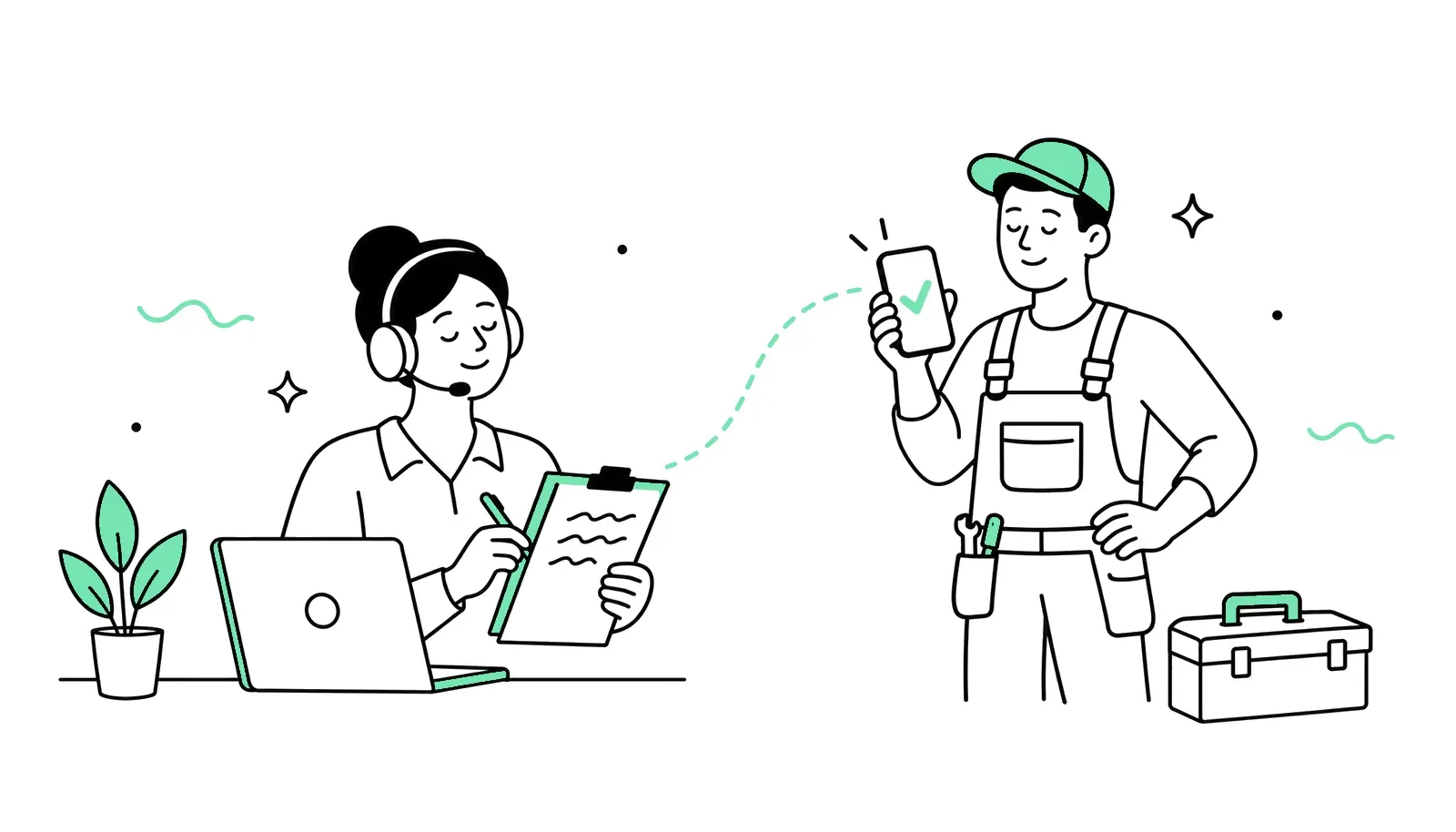 Illustration: Telefonistin notiert einen Auftrag, der Handwerker erhält die Nachricht auf dem Smartphone