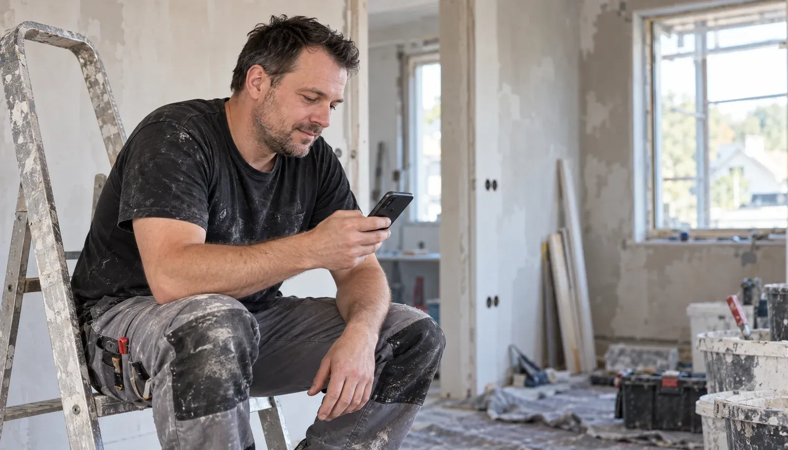 Stuckateur auf der Leiter schaut kurz auf sein Smartphone