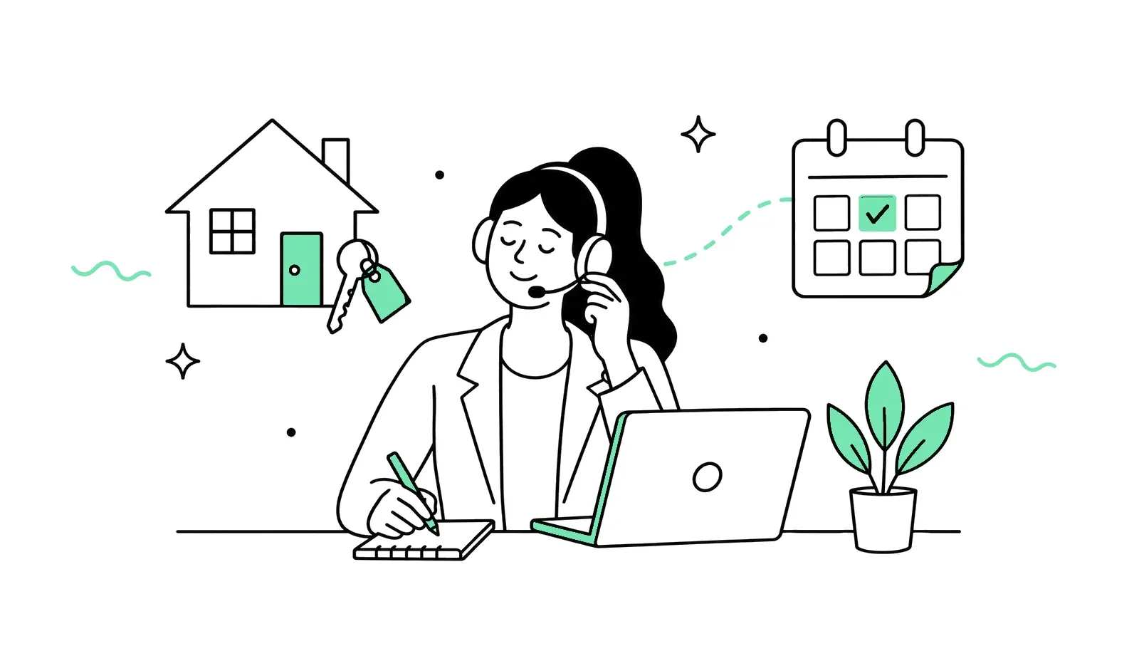Illustration: Telefonistin plant einen Besichtigungstermin, daneben Haus, Schlüssel und Kalender