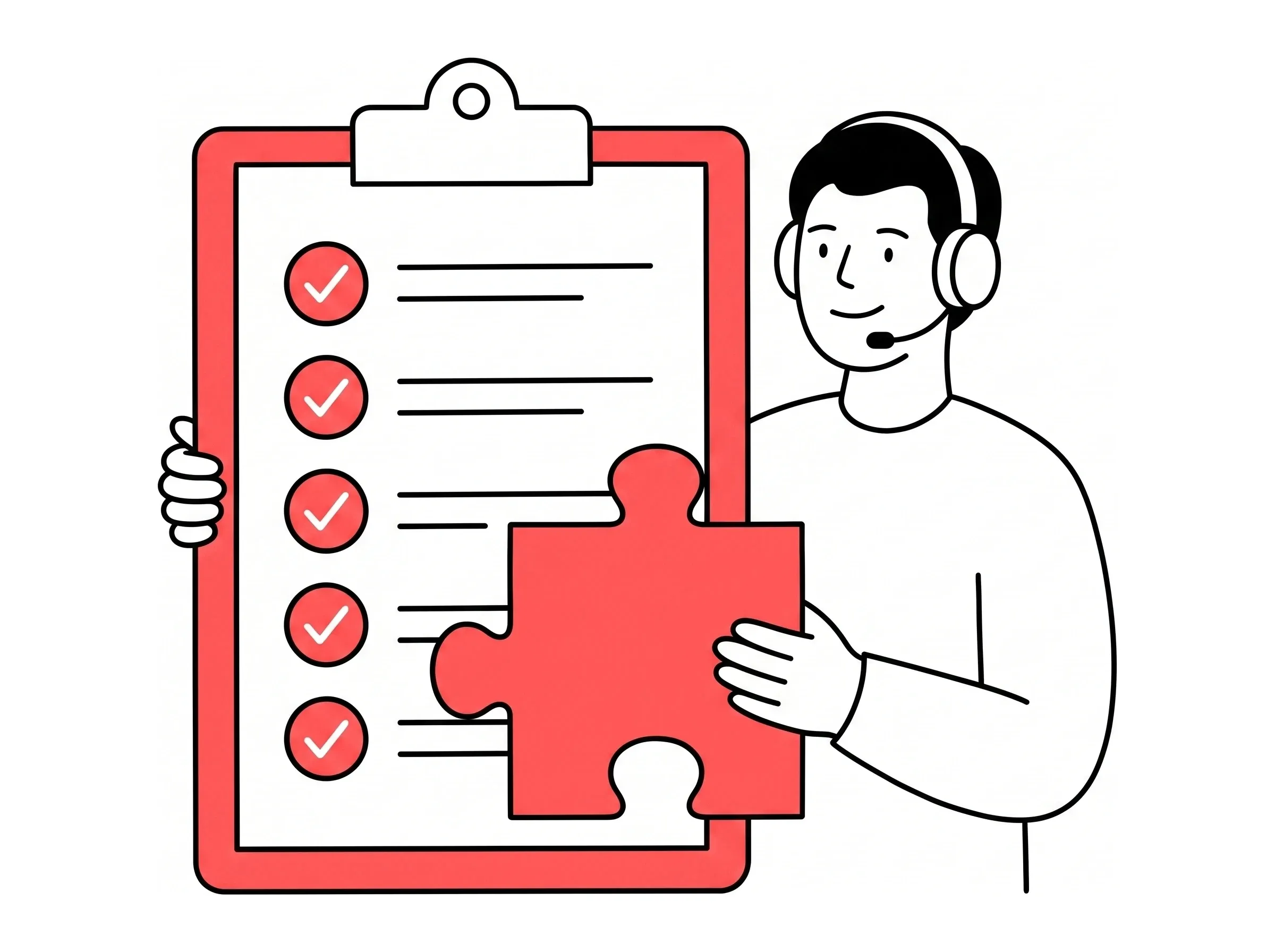 Illustration: Berater mit Headset präsentiert einen individuellen Plan mit passendem Puzzleteil
