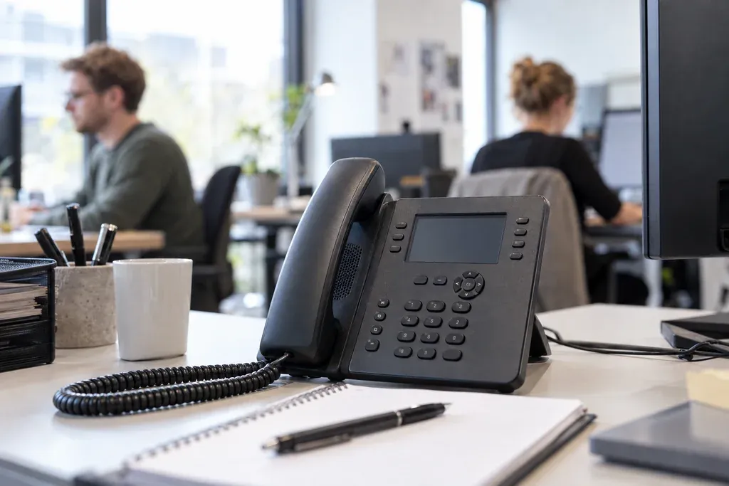 Telefon auf Schreibtisch im Büro, Telefonanlage, Telefonservice