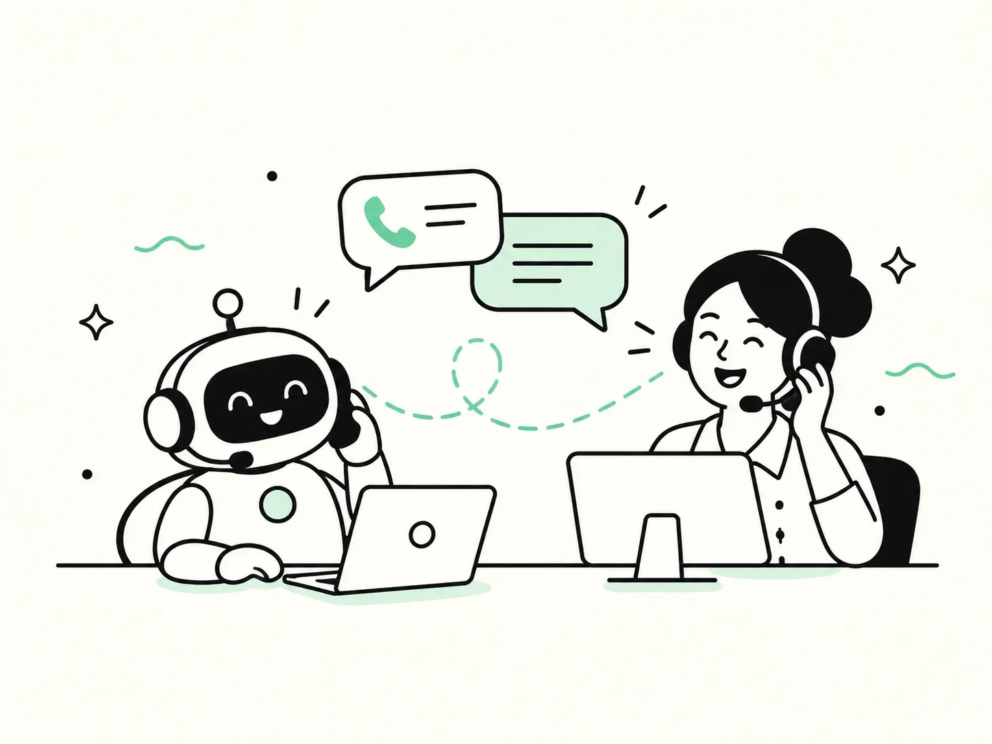 Illustration: KI-Assistent und Mitarbeiterin mit Headset nehmen gemeinsam Anrufe an und übergeben das Gespräch