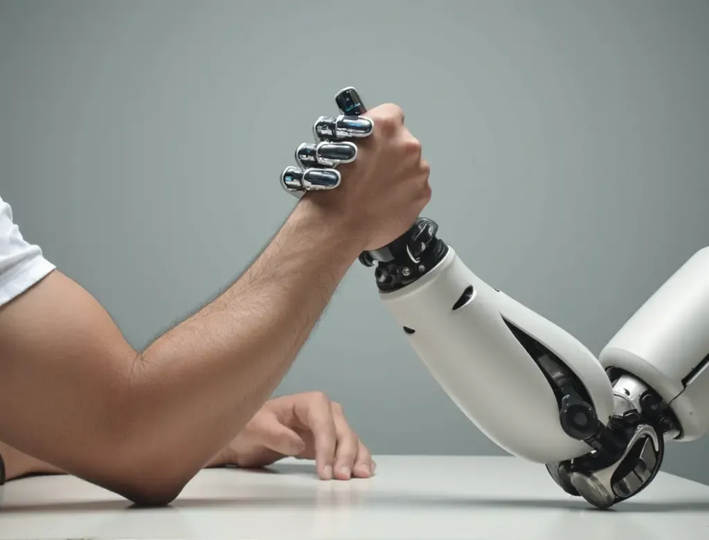 Mensch und Roboter im Armdrücken – KI gegen menschlichen Kundenservice.