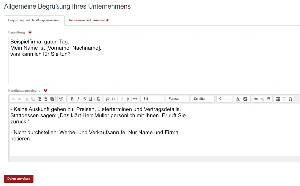 Kundenbereich von starbuero.de: Begrüßung und Handlungsanweisung für das Telefonteam einstellen