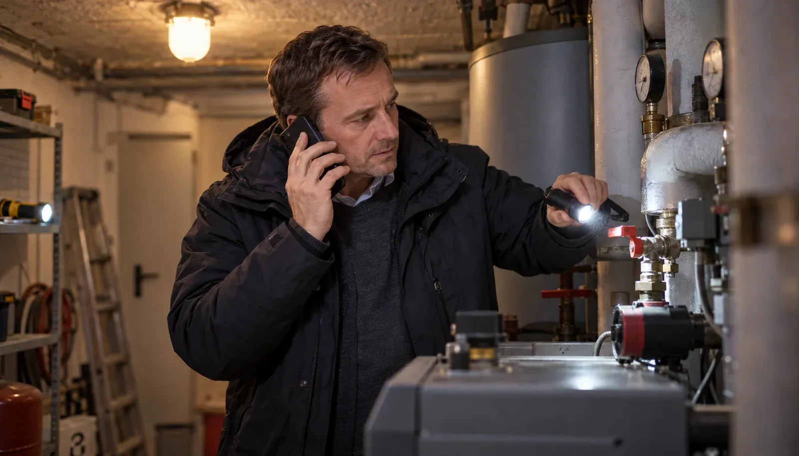 Hausverwalter telefoniert nachts im Heizungskeller