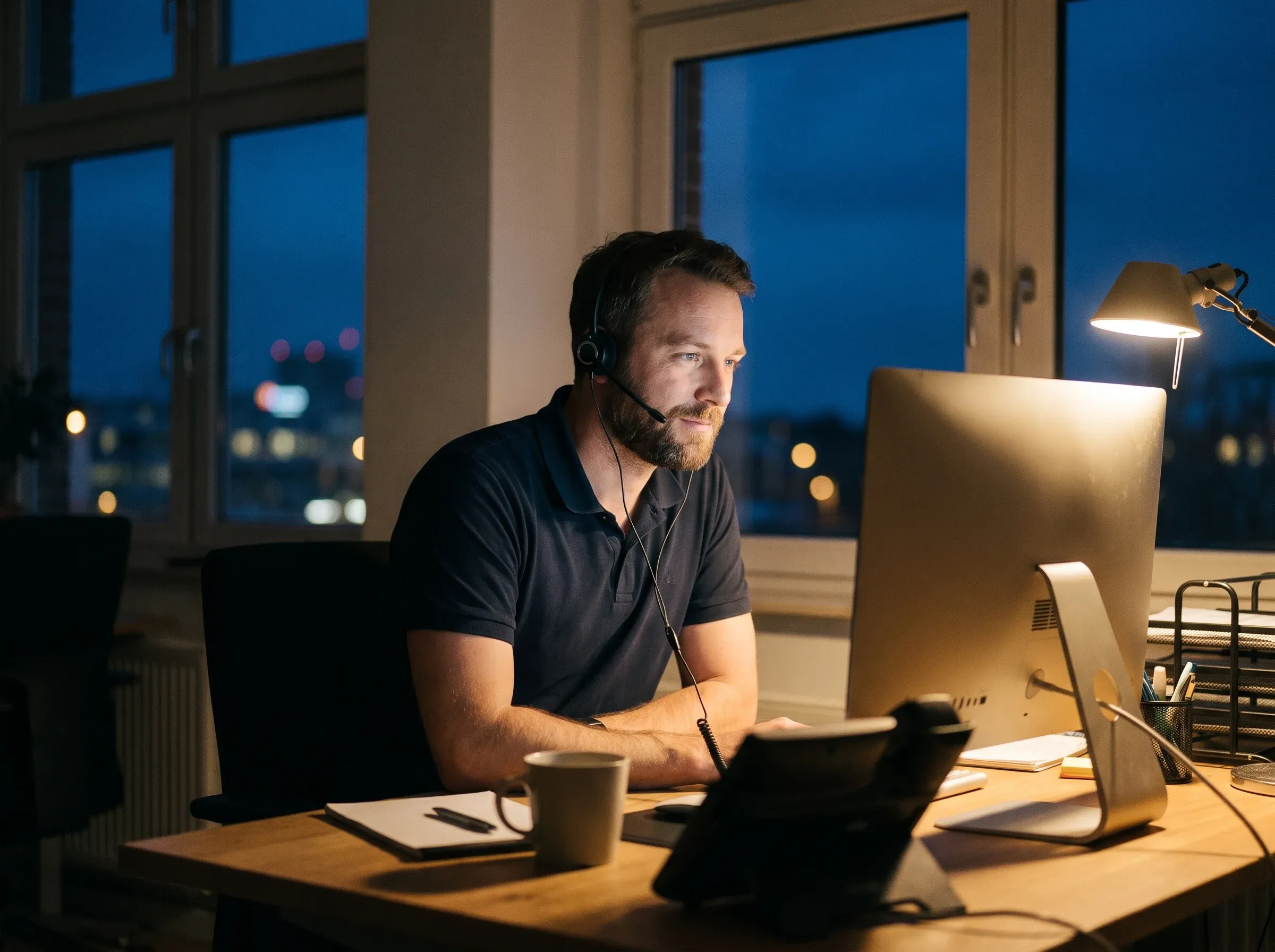 Mitarbeiter der Notfall-Hotline im Nachtdienst am Telefon.