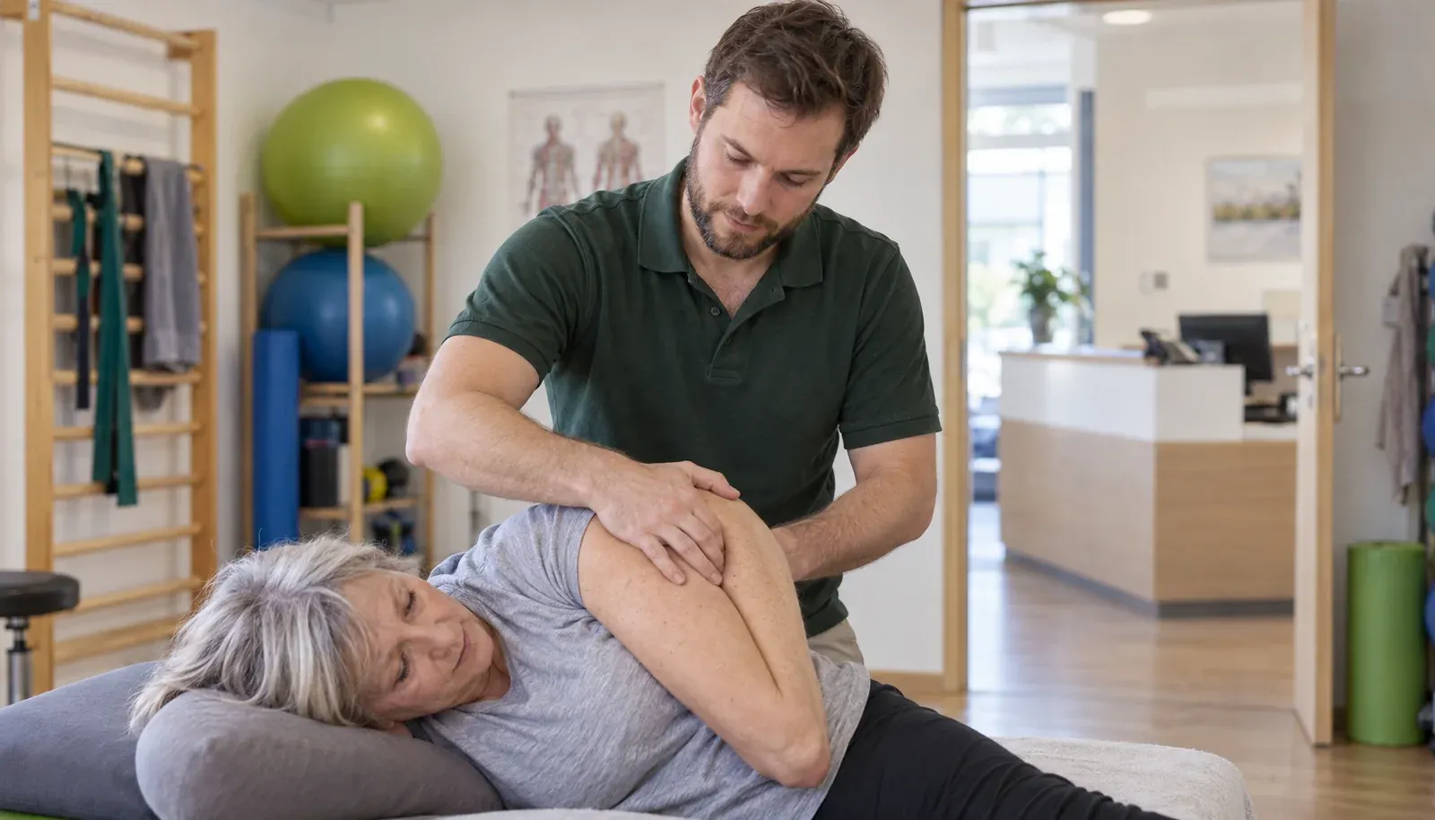 Physiotherapeut mobilisiert die Schulter einer Patientin