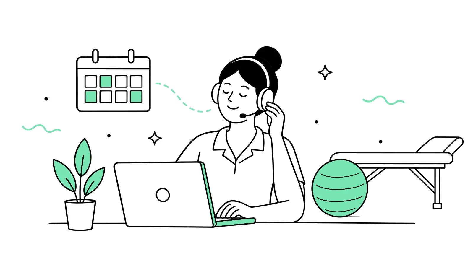 Illustration: Telefonistin mit Headset vergibt am Laptop einen Termin, daneben Behandlungsliege und Gymnastikball