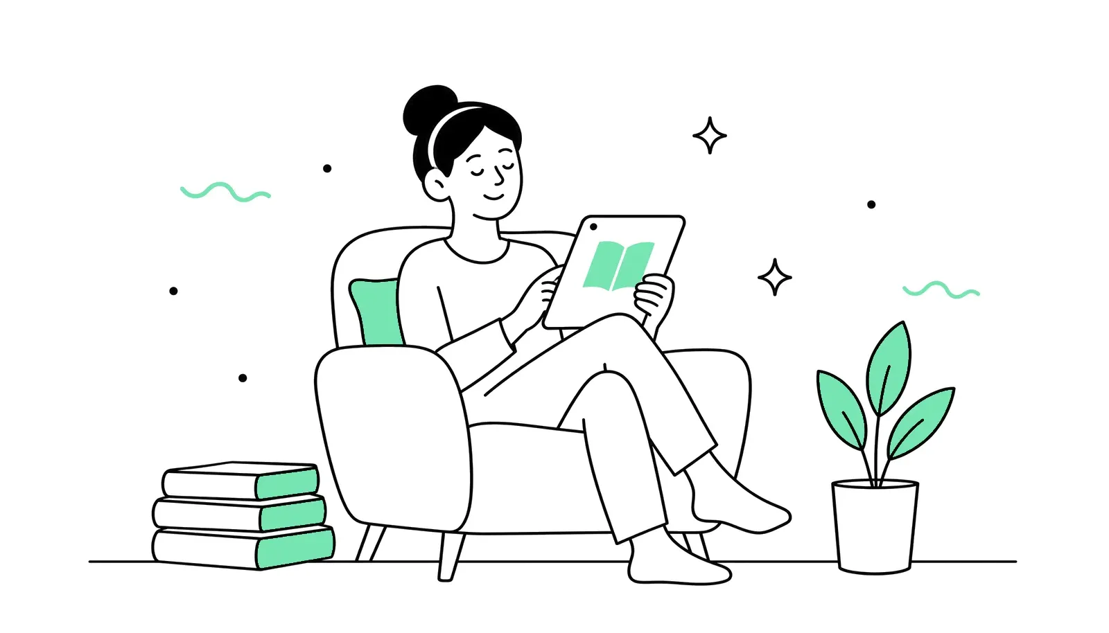 Illustration: Person liest ein E-Book auf dem Tablet, daneben ein Bücherstapel