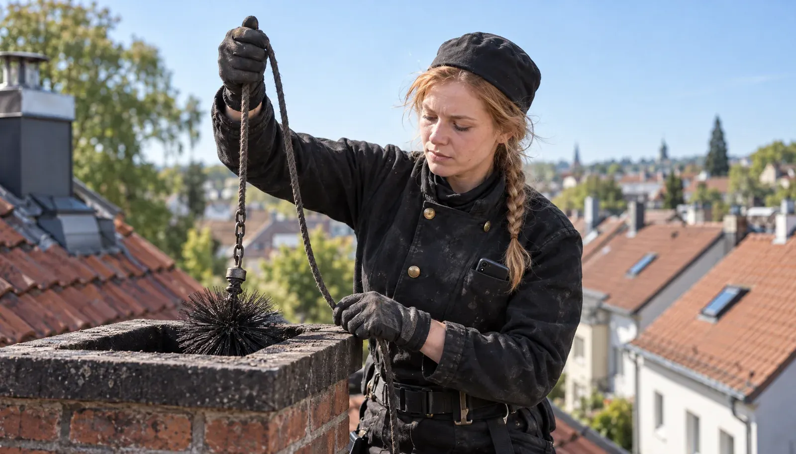Schornsteinfegerin kehrt auf dem Dach einen Schornstein