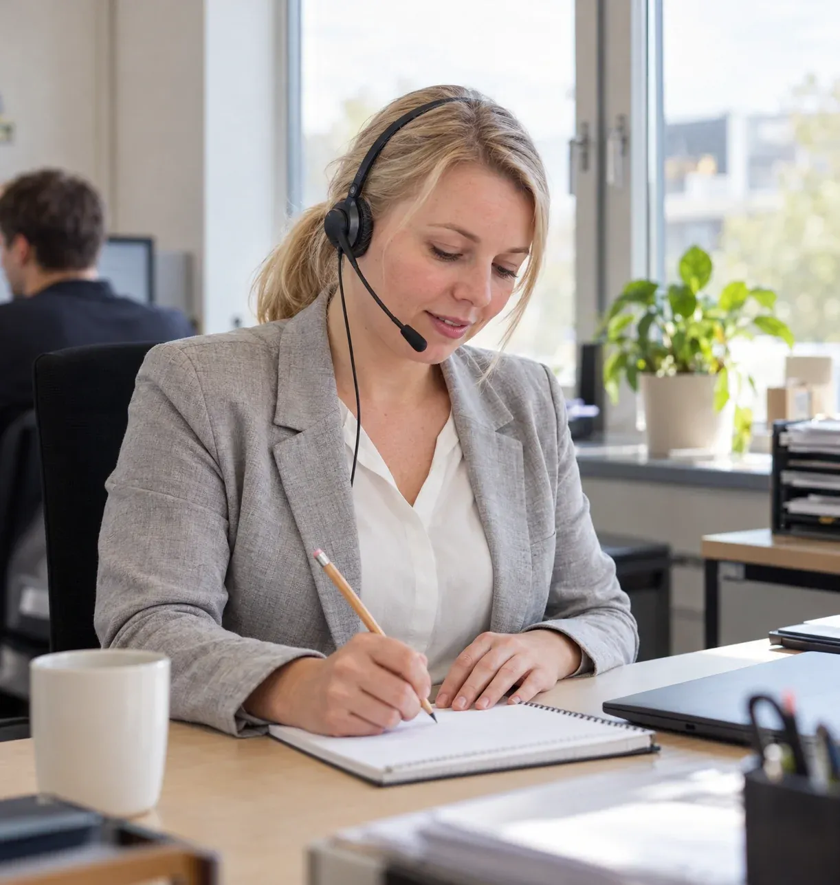 Telefonistin von starbuero.de mit Headset notiert das Anliegen einer Anruferin