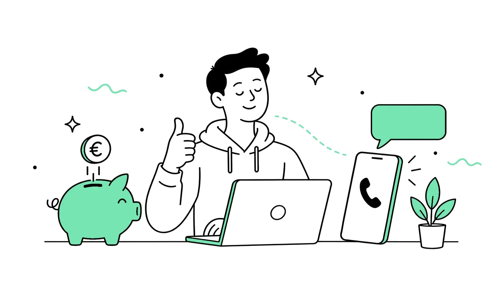 Illustration: Gründer am Laptop, daneben Sparschwein und Smartphone mit Anrufnotiz