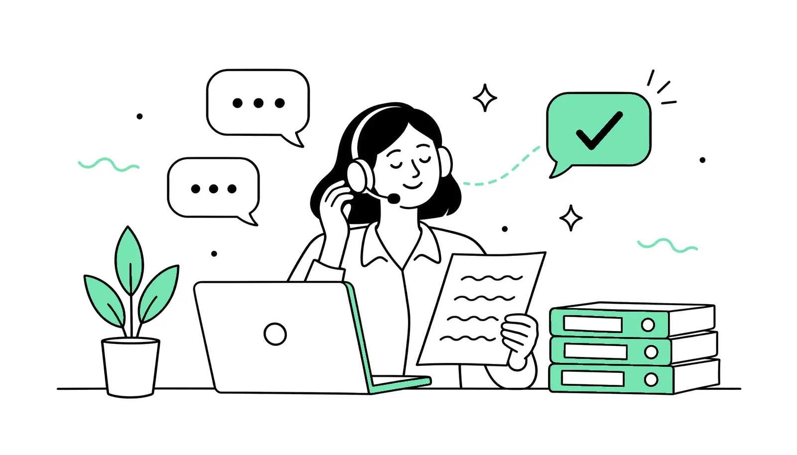 Illustration: Telefonistin beantwortet Fragen anhand einer FAQ-Liste, daneben Sprechblasen und Ordner