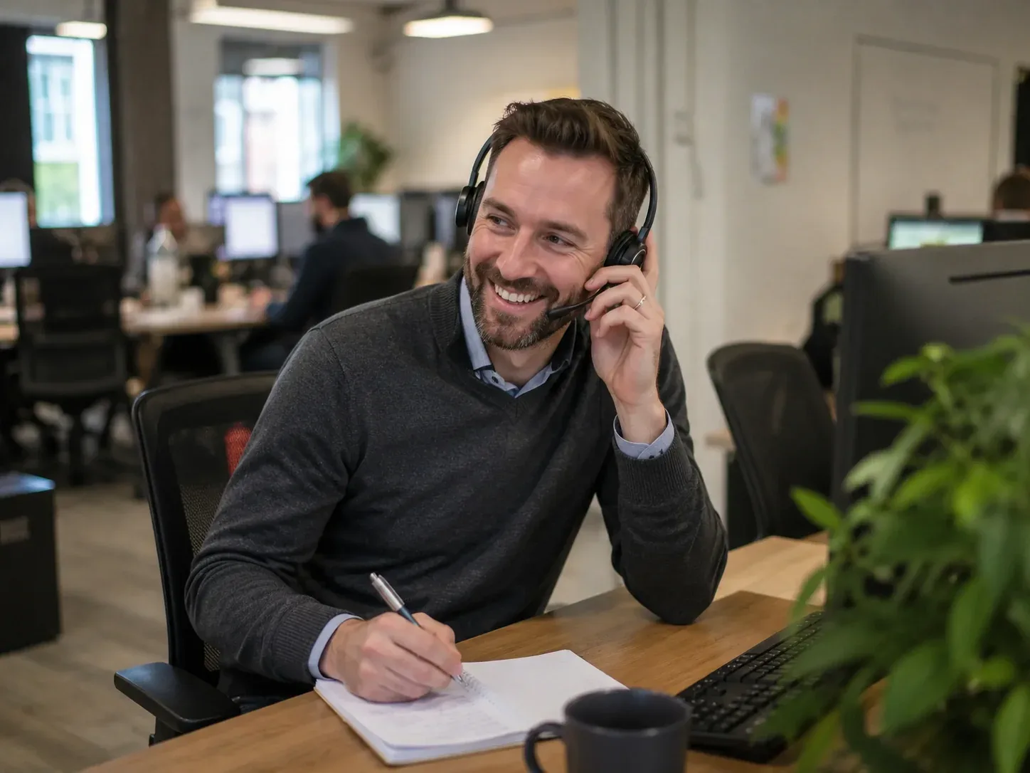 Freundliche Telefonistin nimmt einen Anruf im Namen eines Unternehmens entgegen