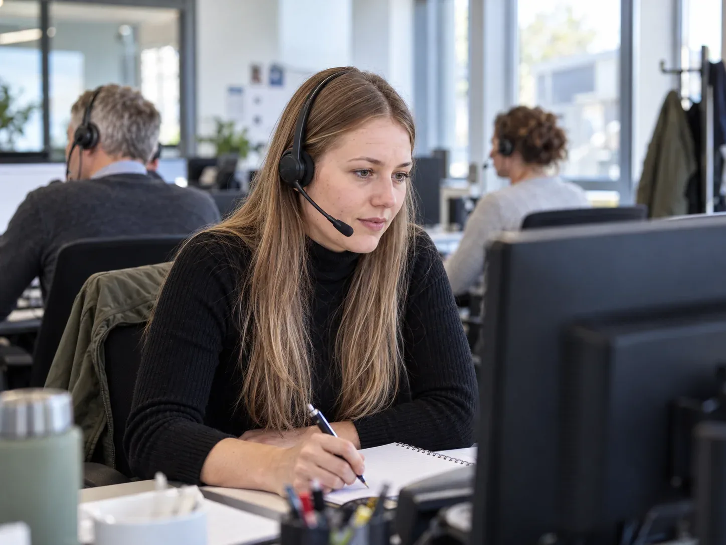 Freundliche Telefonistin nimmt einen Anruf im Namen eines Unternehmens entgegen