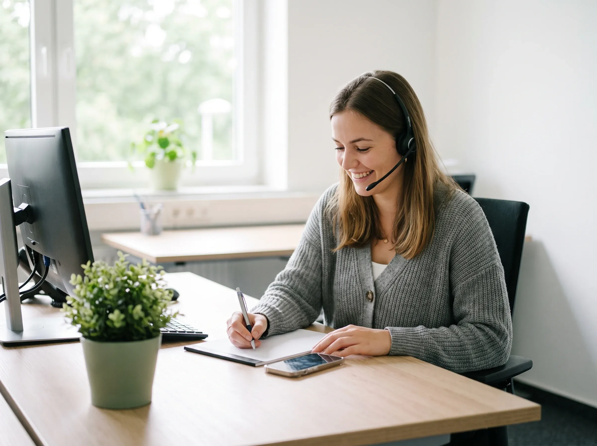 Persönliche Telefonsekretärin am Schreibtisch mit Headset.