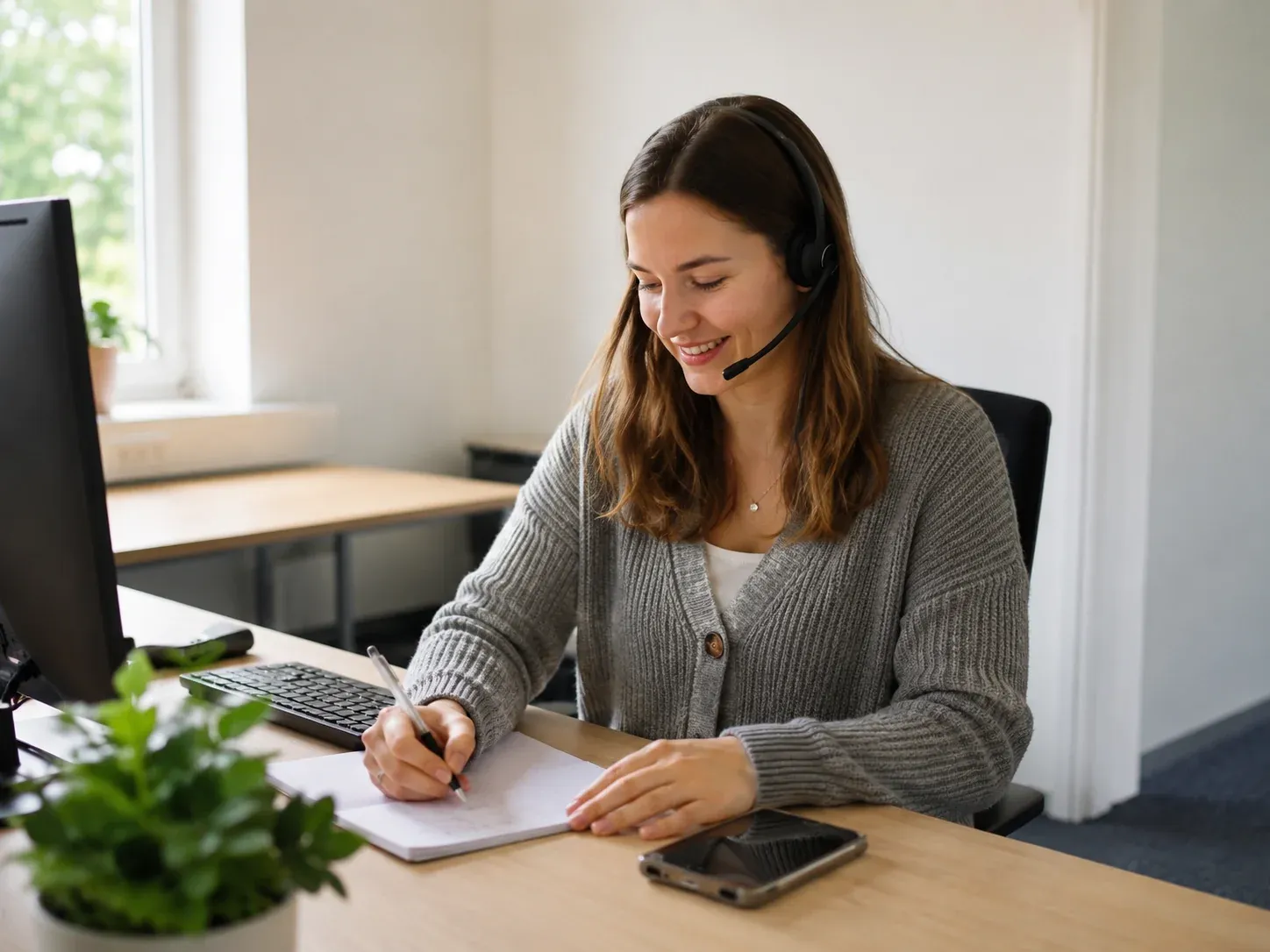 Persönliche Telefonsekretärin am Schreibtisch mit Headset.
