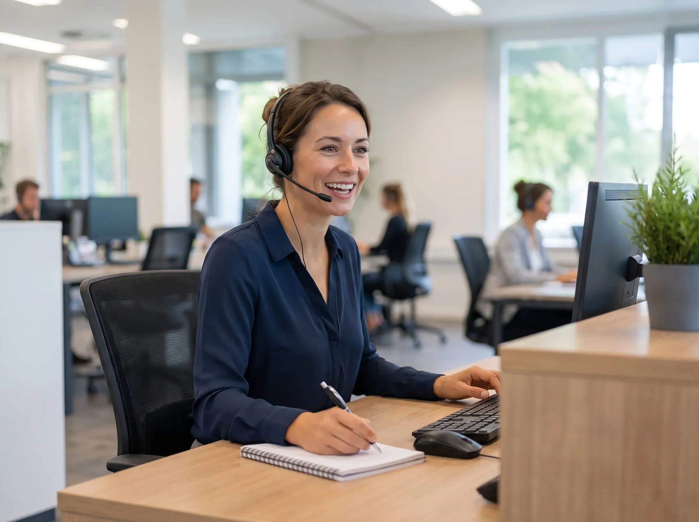 Freundliche Mitarbeiterin einer Telefonzentrale mit Headset am Arbeitsplatz.