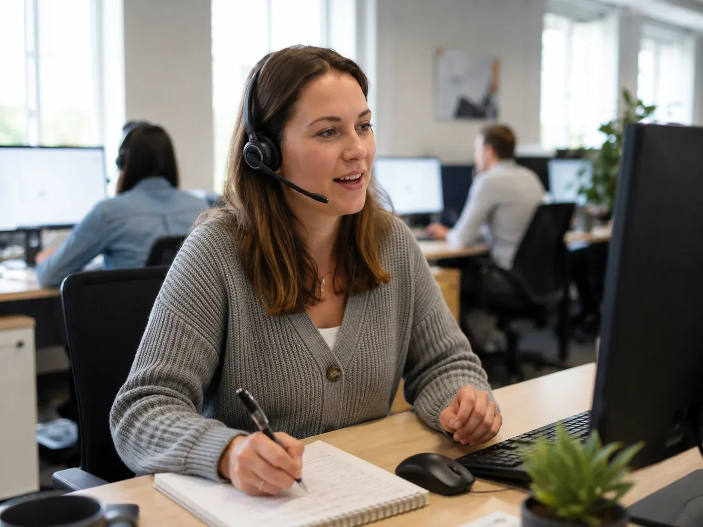 Freundliche Mitarbeiterin einer Telefonzentrale mit Headset am Arbeitsplatz.