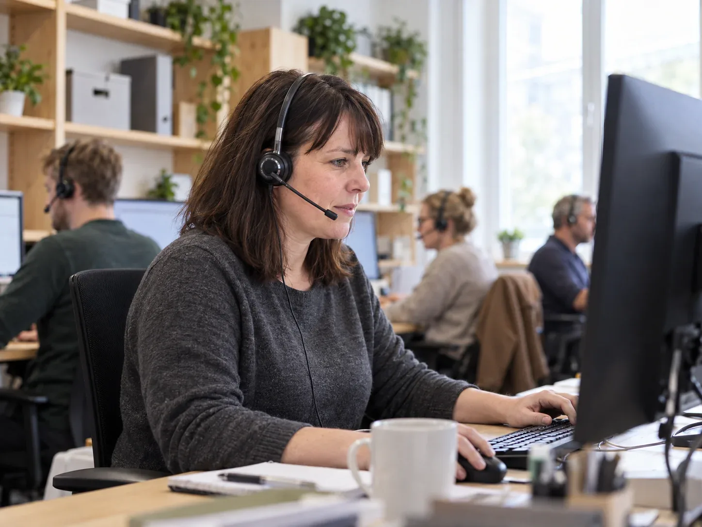 Mitarbeiterin von starbuero.de nimmt mit Headset am Schreibtisch einen Kundenanruf entgegen