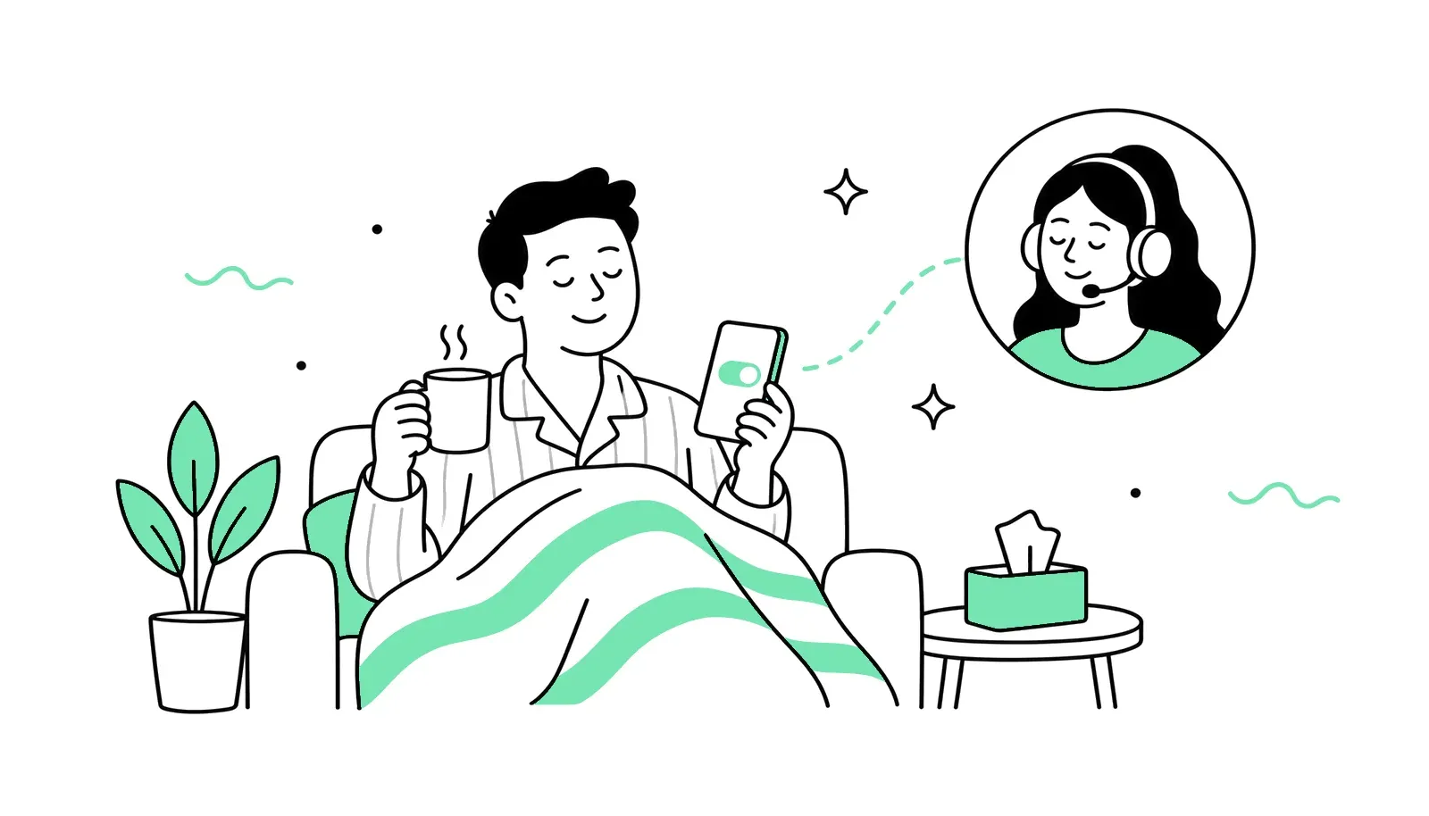 Illustration: kranke Person im Bett schaltet per Smartphone die Rufumleitung ein, eine Telefonistin übernimmt