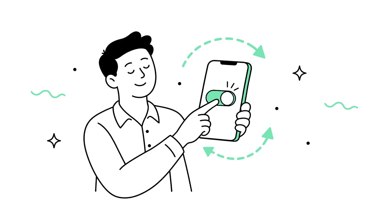 Illustration: Person schaltet die Rufumleitung auf dem Smartphone per Schalter ein und aus